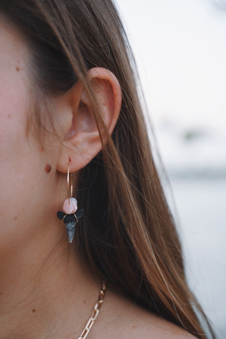 24k gold filled dainty shark tooth hoop earrings with gemstone chips image 6