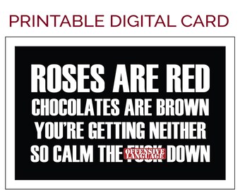 Printable Valentine's Day Card. Roses are red, chocolates are brown. Easy Instant Download PDF Printable Valentine's Day Card.