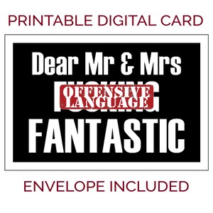 Afdrukbare trouw- of verlovingskaart. Beste meneer en mevrouw, verdomd fantastisch. Grappige digitale download DIY-trouwkaart voor familie of vrienden.