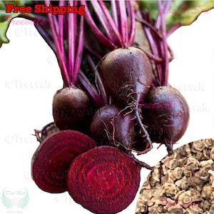 May include: Close-up of red beetroots with green leafy tops. The beetroots are cut in half, revealing the vibrant red flesh. A pile of beet seeds is visible in the lower right corner of the image.