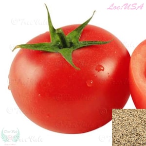 May include: A close-up of a red tomato with a green stem. The tomato is sitting on a white background. There is a small pile of brown seeds in the bottom right corner of the image. The text "Loc: USA" is in pink letters in the top right corner of the image.