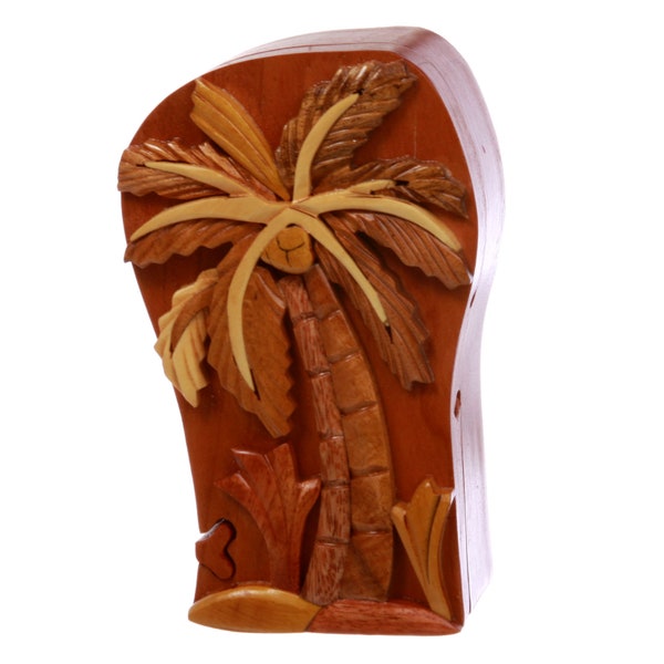 Hand Carved Jewelry Box, Handcrafted Wooden Box, Palm Tree Jewelry Box, Handmade Palm Tree Wooden Puzzle Box, Leaves Jewelry Box