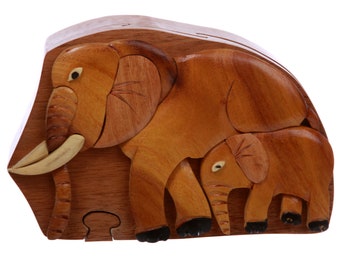 Hand Carved Jewelry Box, Handcrafted Wooden Box, Elephant Jewelry Box, Handmade Wooden Puzzle Box, Vintage Jewelry Box, Walnut Puzzle Box