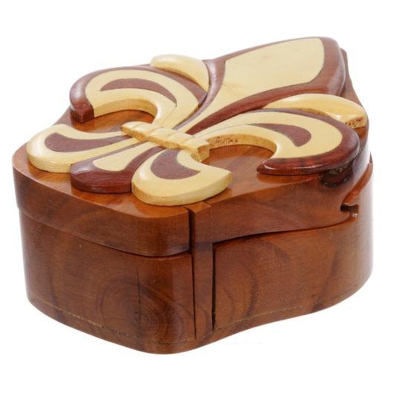 Handcrafted Wooden Fleur De Lis Shape Handmade Secret Jewelry Puzzle