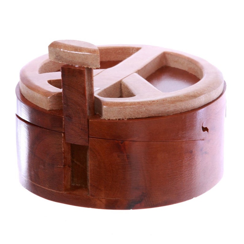 Peace Sign Handcrafted Wooden Round Peace Sign Shape Handmade Secret Jewelry Puzzle Box