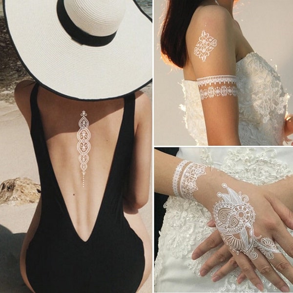 Waterproof Temporary White Henna Boho Metallic Flower Maori Armband Polynesian Forearm Wristband Body Skin Art Diablo Fake Tattoo