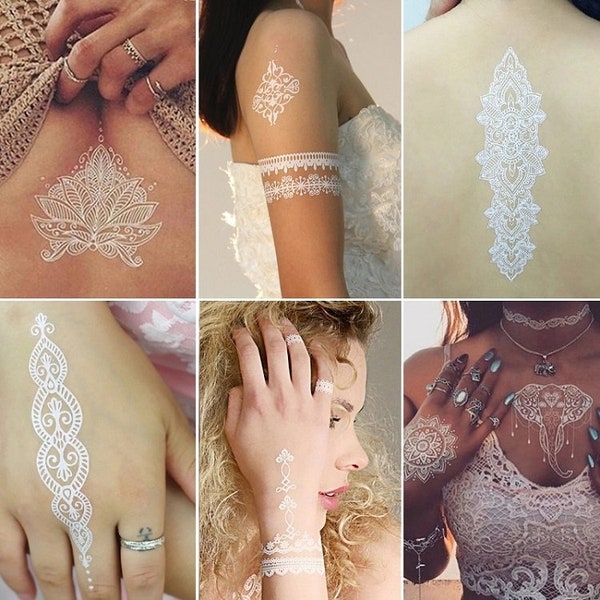 Waterproof Temporary White Henna Boho Metallic Flower Maori Armband Polynesian Forearm Arm Band Body Skin Art Diablo Fake Tattoo