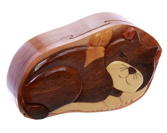 Handcrafted Wooden Animal Shape Lovely Cat Sleeping Kitty Handmade Secret Jewelry Puzzle Box - Cat