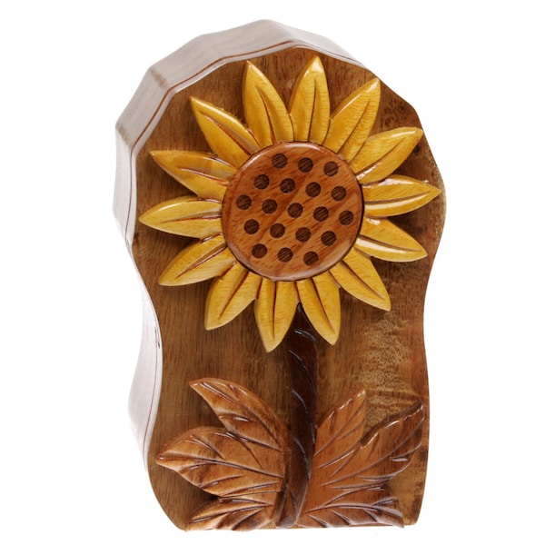 Hand Carved Jewelry Box, Handcrafted Wooden Box, Sunflower Jewelry Box, Handmade Sunflower Wooden Puzzle Box, Vintage Jewelry Box