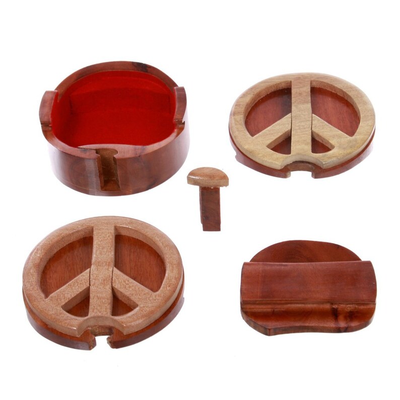 Peace Sign Handcrafted Wooden Round Peace Sign Shape Handmade Secret Jewelry Puzzle Box