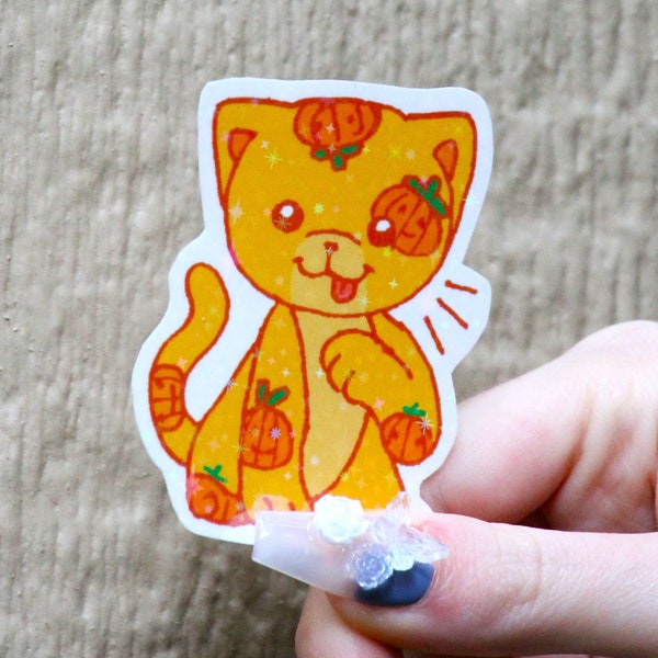 Pumpkin Kitty Stuffie Holographic Glitter Sticker