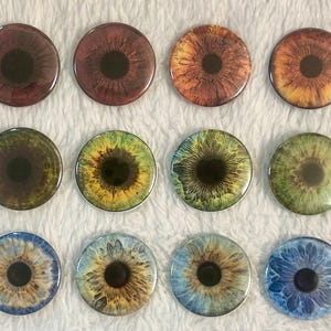 May include: Twelve round, eye-shaped buttons with detailed iris designs. The buttons feature a variety of colors, including brown, green, and blue, with black pupils. The buttons are arranged in three rows of four.