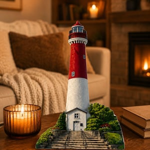 May include: A decorative lighthouse figurine featuring a tall, conical tower with a red upper section and a white base. The structure includes a small white building at the bottom, a set of stone stairs with black railings, and green foliage.