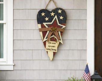 Hand-Painted Americana Heart Door Hanger – Rustic 4th of July Porch Decor