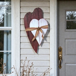 Heart Door Hanger Primitive Layered Wooden | 18” Rustic Farmhouse Decor | Distressed Burgundy & White Folk Art Wall Hanging