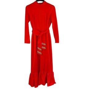 Vintage 70s Handmade Orange Belted Maxi Length Dress Polyester Small