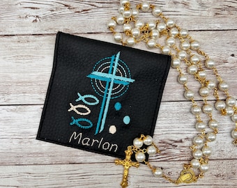 Rosenkranz Etui bestickt – optional mit Name – Erstkommunion Geschenk – Rosenkranz Tasche aus Kunstleder – passend zur Gotteslobhülle