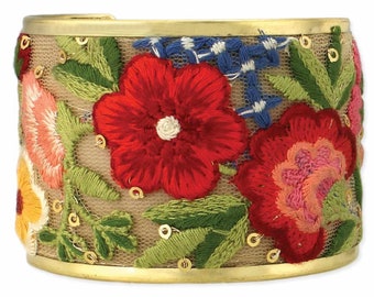 Handmade  Floral Thread Design with Colorful Flowers Embroidered Mesh Fabric Cuff Bracelet BRLT-101