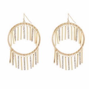 Sparkle and Glimmer Silver and Gold-tone Front Facing Hoops with Bar Fringe Tassels and Pave Crystals Earrings ER-17
