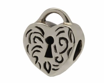 Charm original de plata de ley estilo Pandora con filigrana oxidada y textura de corazón con candado CHARM-04