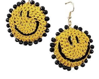 Large Handmade boho hippie chic  yellow and black crochet and beaded smiley face smile earrings