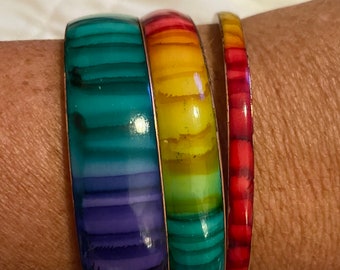 Juego de 3 pulseras de esmalte con diseño de animal print tie-dye, rayas de tigre arcoíris, chapadas en oro, BRLT-0121