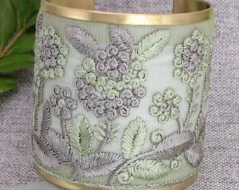 Vintage Inspired Cottage Core Cool Grey and Soft Mint Floral  Embroidered Fabric Flower Gold  Cuff Bracelet 0254-SFTMNT-BRLT