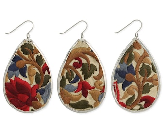 Silver-Tone Cream with Red and Brown  Vintage Flower Design with Bold Floral Embroidered Elegance Teardrop Earrings  ER-23