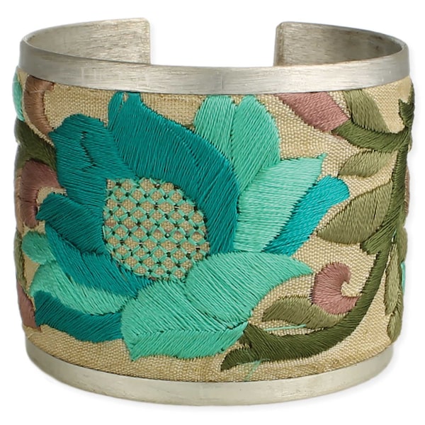 Silver-Tone Cream with Turquoise and Purple Vintage Flower Design with Bold Floral Embroidered Elegance Cuff Bracelet BRLT-09