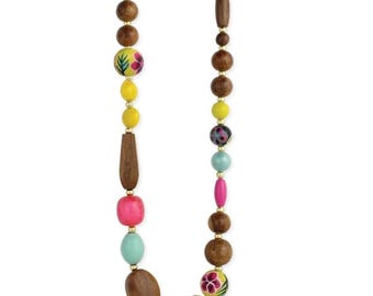 Collar largo estilo boho de 81 cm (32 pulgadas) con cuentas de madera natural pintadas a mano, cuentas de resina rosa, aguamarina y amarillas, chapado en oro, estilo hippie chic NECK-222