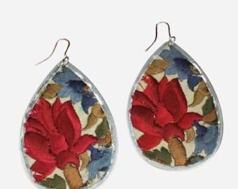 Silver-Tone Cream with Red and Brown  Vintage Flower Design with Bold Floral Embroidered Elegance Teardrop Earrings  ER-23