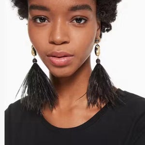 Puede incluir: Pendientes colgantes de plumas negras con detalles dorados y negros. Estos pendientes largos y colgantes presentan un diseño de plumas negras y son un accesorio elegante. Los pendientes son una pieza llamativa.