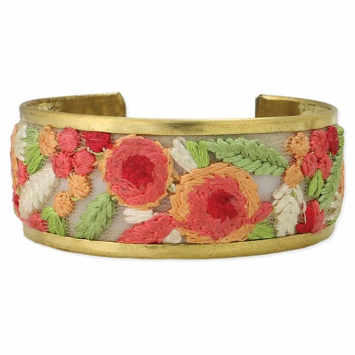 Embroidered Rose Cuff Bangle Bracelet Floral Cuff Bracelet Etsy