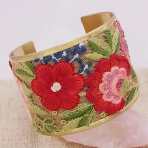 Handmade Vintage Inspired Floral Boho Colorful Red Blue Yellow Pink Flowers Embroidered Fabric Gold Tone Cuff Adjustable Bracelet BRLT-101