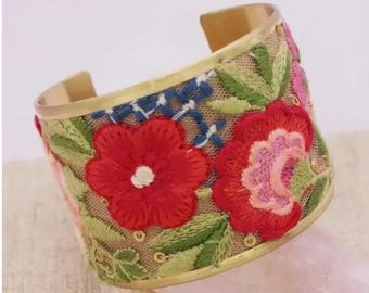 Handmade Vintage Inspired Floral Boho Colorful Red Blue Yellow Pink Flowers Embroidered Fabric Gold Tone Cuff Adjustable Bracelet BRLT-101