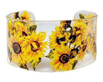 Pulsera de acrílico transparente con diseño floral de girasol amarillo y tema de naturaleza de jardín SUN-CLEAR-BRLT