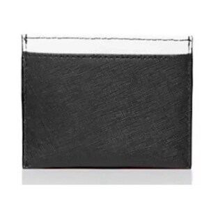 May include: A black card holder with a textured surface and a white top section. The card holder is rectangular and appears to be made of leather or a similar material. The stitching is visible along the top edge.