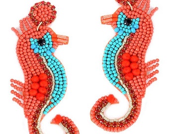 Pendientes de caballito de mar con cuentas de coral tropical y turquesa hechos a mano, pendientes de playa, pendientes de vacaciones, pendientes de crucero