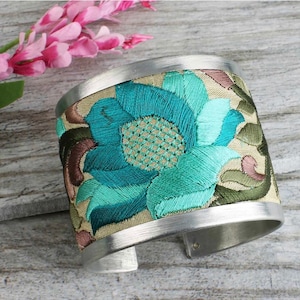 Silver-Tone Cream with Turquoise and Purple Vintage Flower Design with Bold Floral Embroidered Elegance Cuff Bracelet BRLT-09