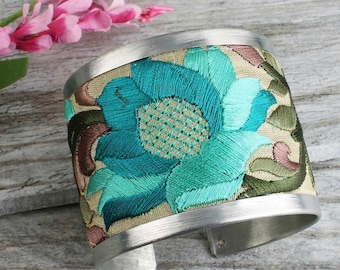 Silver-Tone Cream with Turquoise and Purple Vintage Flower Design with Bold Floral Embroidered Elegance Cuff Bracelet BRLT-09
