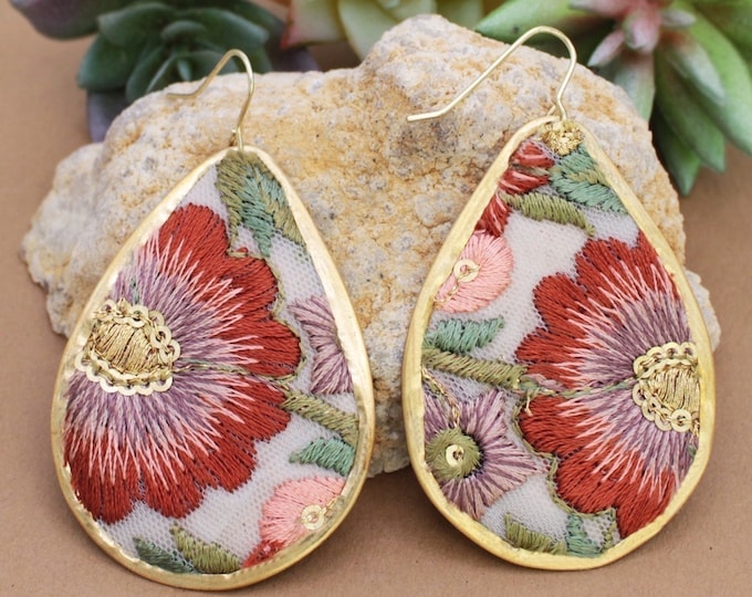 Rust Rose Pink  Embroidered Teardrop Grandmacore CottageCore Vintage Inspired Embroidered Earrings ER-ATMN
