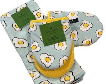 Kate Spade Aqua with Yellow and White Fried Eggs Cotton 2 Kitchen Towels 2 Mini Mitts Set 4pc