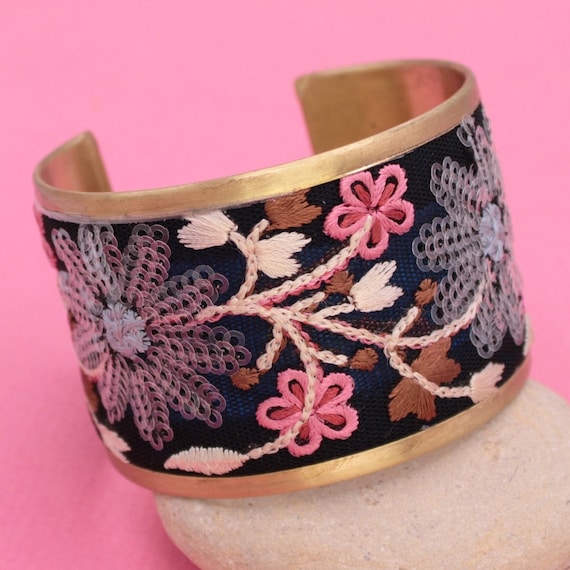 Black Pink Embroidered Brushed Goldtone Cuff Bracelet BRLT
