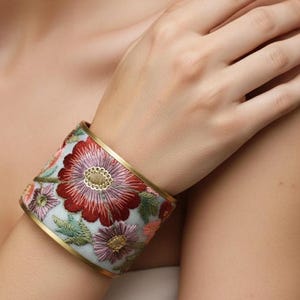 Rust Rose Pink Embroidered Brushed Goldtone Grandmacore Cottagecore Vintage Inspired Cuff Bracelet BRLT-ATMN