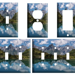 Mountain scene, Decorative Light Switch Cover Plate, Single Toggle, Duplex Outlet, 2 gang, or GFCI Roker