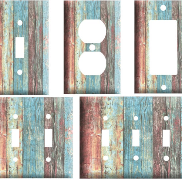 Blue and brown barn wood 1 design, Decorative Light Switch Cover Plate, Single Toggle, Duplex Outlet, 2 gang, or GFCI Roker