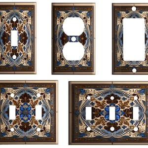 Italian Tile Blue and Brown 2 (not real tile) , Decorative Plastic Light Switch Cover Plate, Single Toggle, Outlet, 2 gang, or GFCI Rocker