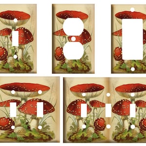 May include: Set of six light switch and outlet covers featuring a vintage illustration of red and white mushrooms with green foliage.