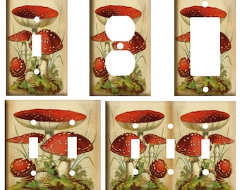Vintage Red Cap Mushroom, Cottagecore, Decorative Light Switch Cover Plate, Single Toggle, Duplex Outlet, 2 gang, or GFCI Rocker