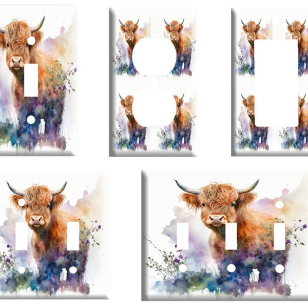 Highland Cow watercolor design, Decorative Light Switch Cover Plate, Single Toggle, Duplex Outlet, 2 gang, or GFCI Rocker